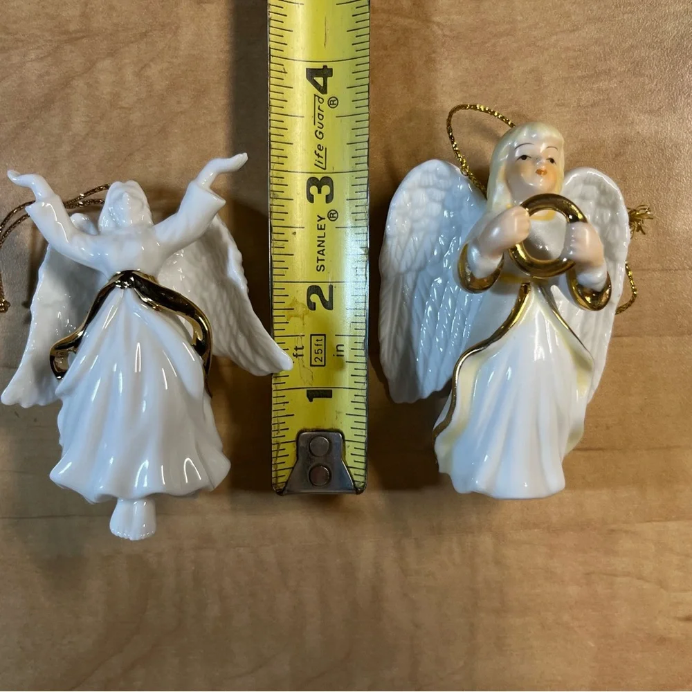 2 Ceramic White Gold Christmas Angel Ornaments